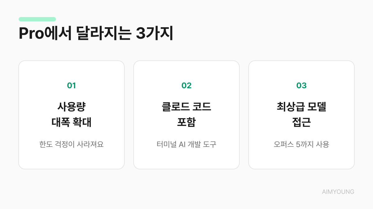 Pro에서 달라지는 3가지 — 사용량 확대, 클로드 코드 포함, 오퍼스 5 등 최상급 모델 접근