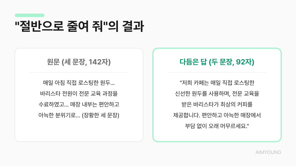 절반으로 줄여 달라는 요청의 실제 결과 — 142자가 92자로