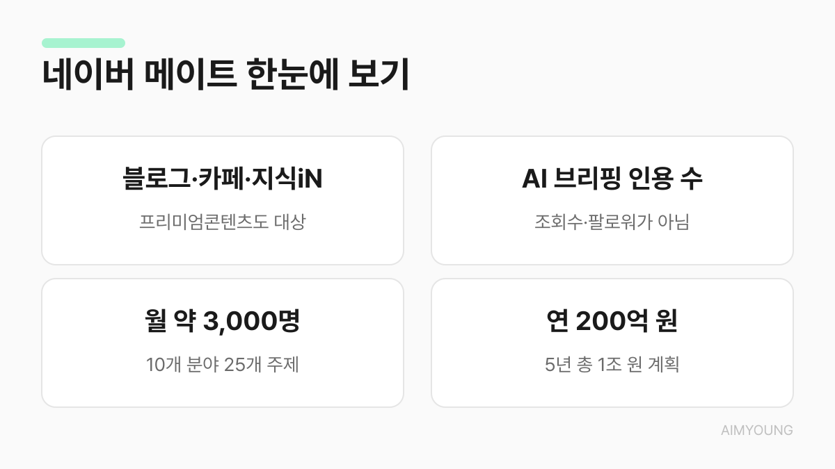 네이버 메이트 한눈에 보기 - 대상, 선발 기준, 규모, 지원금 요약