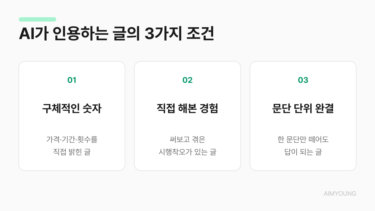 AI가 인용하는 글의 3가지 조건 - 구체적인 숫자, 직접 해본 경험, 문단 단위 완결