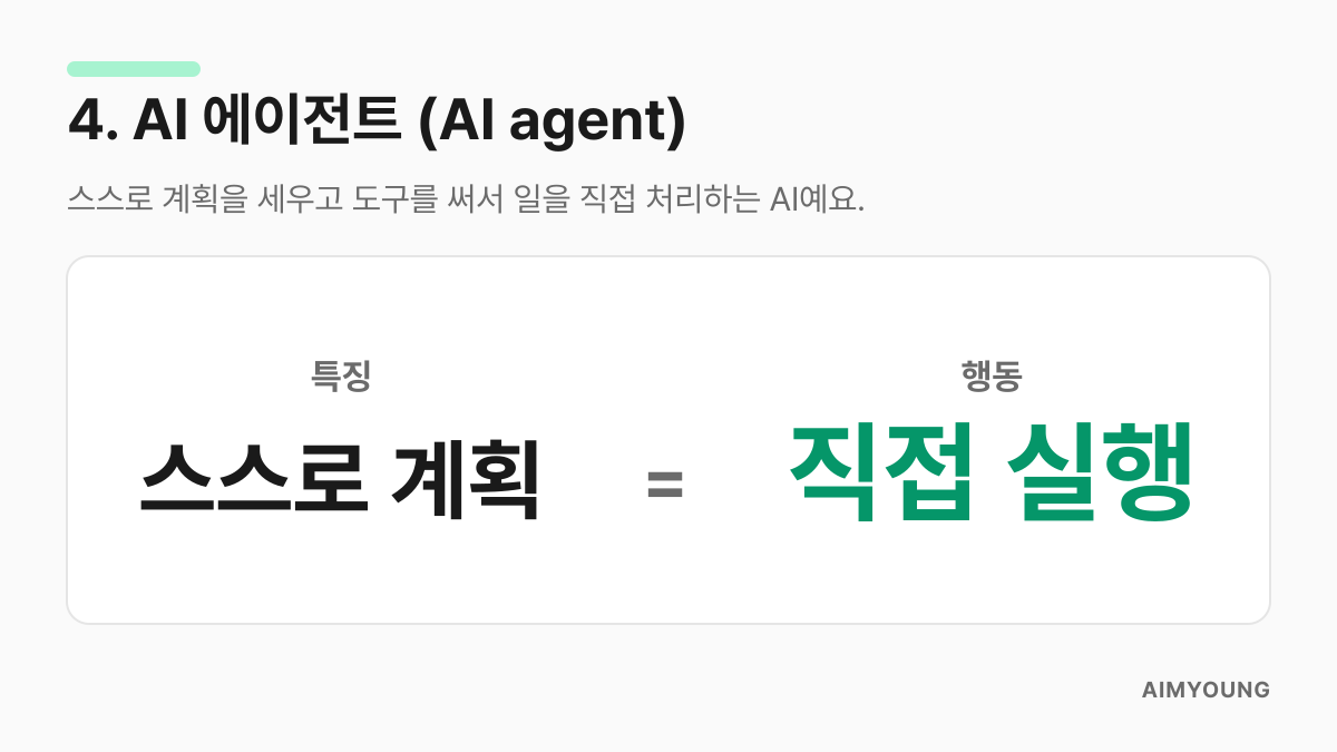 AI 에이전트는 스스로 계획을 세우고 도구를 써서 일을 직접 처리하는 AI라는 설명 카드