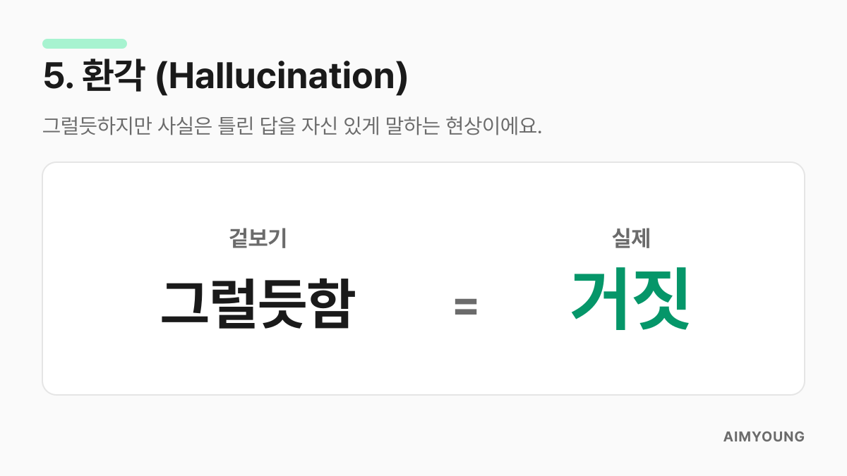 환각은 그럴듯하지만 사실은 틀린 답을 말하는 현상이라는 설명 카드