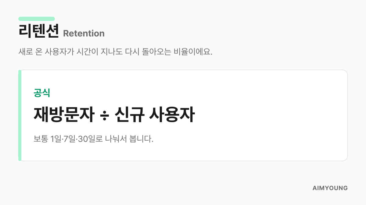 리텐션 정의 카드 — 재방문자를 신규 사용자로 나눈 잔존율