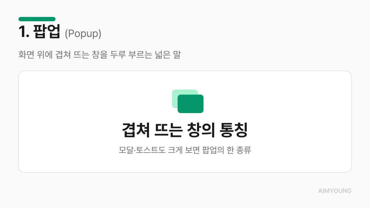 팝업 정의 카드 — 화면 위에 겹쳐 뜨는 창을 두루 부르는 통칭
