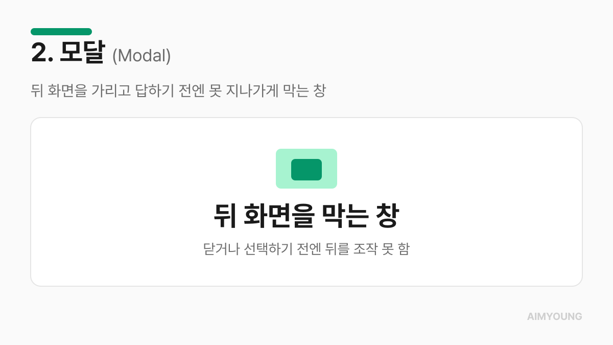 모달 정의 카드 — 뒤 화면을 가리고 답하기 전엔 못 지나가게 막는 창