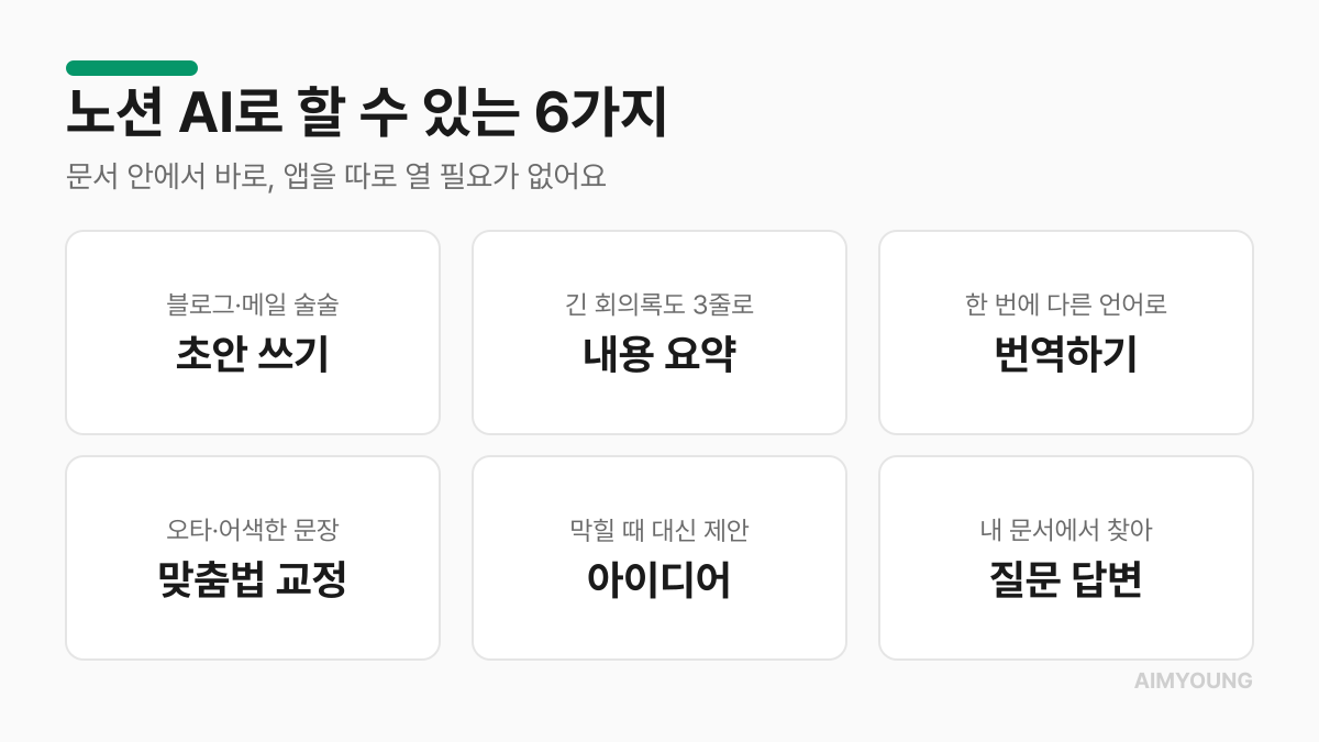 노션 AI로 할 수 있는 6가지 — 초안 쓰기, 요약, 번역, 맞춤법 교정, 아이디어, 질문 답변