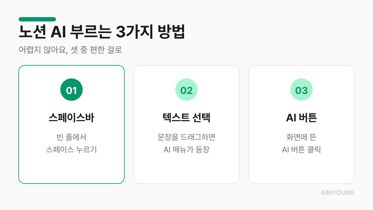 노션 AI 부르는 3가지 방법 — 스페이스바, 텍스트 선택, AI 버튼