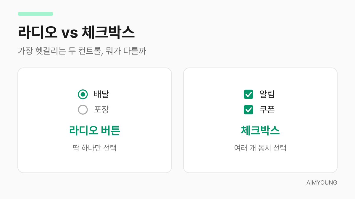 라디오 버튼과 체크박스의 차이를 비교한 다이어그램
