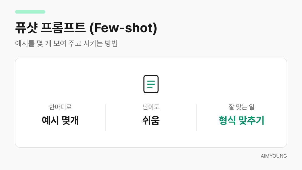퓨샷 프롬프트 카드: 예시 몇 개, 난이도 쉬움, 형식 맞추기에 적합